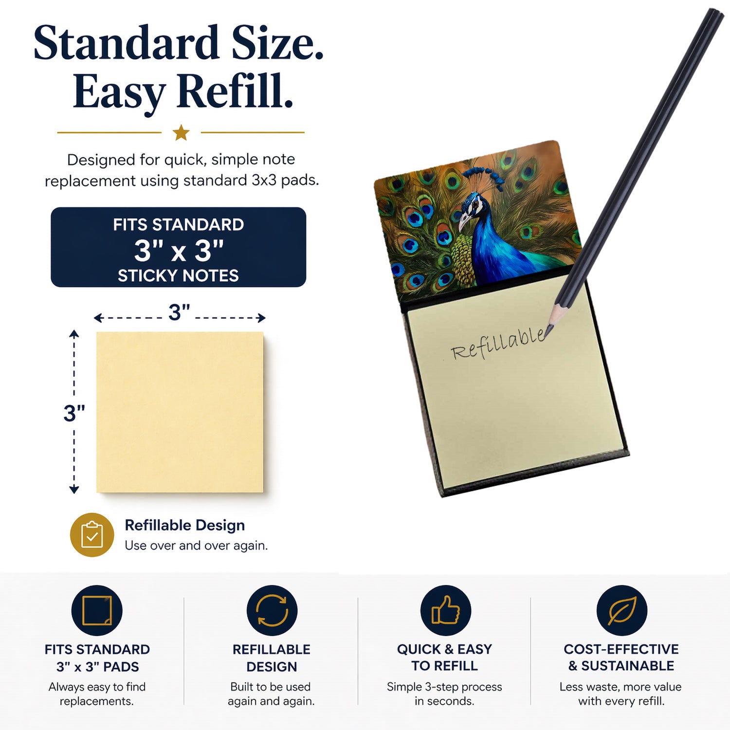 Peacock Face and Feather Detail Watercolor Sticky Note Holder Refillable Dispenser Desk Accessory 3x3 Pad Gift