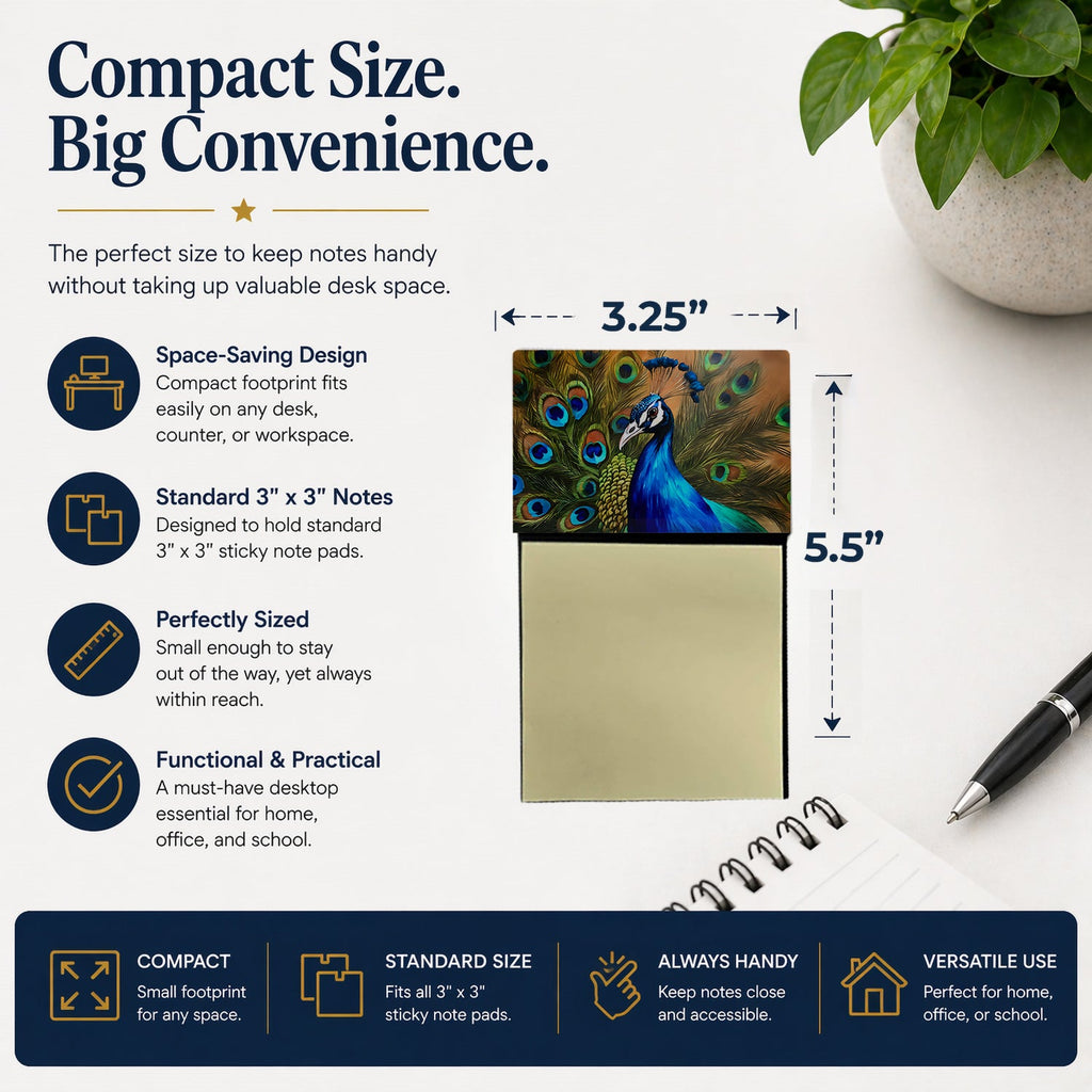 Peacock Face and Feather Detail Watercolor Sticky Note Holder Refillable Dispenser Desk Accessory 3x3 Pad Gift