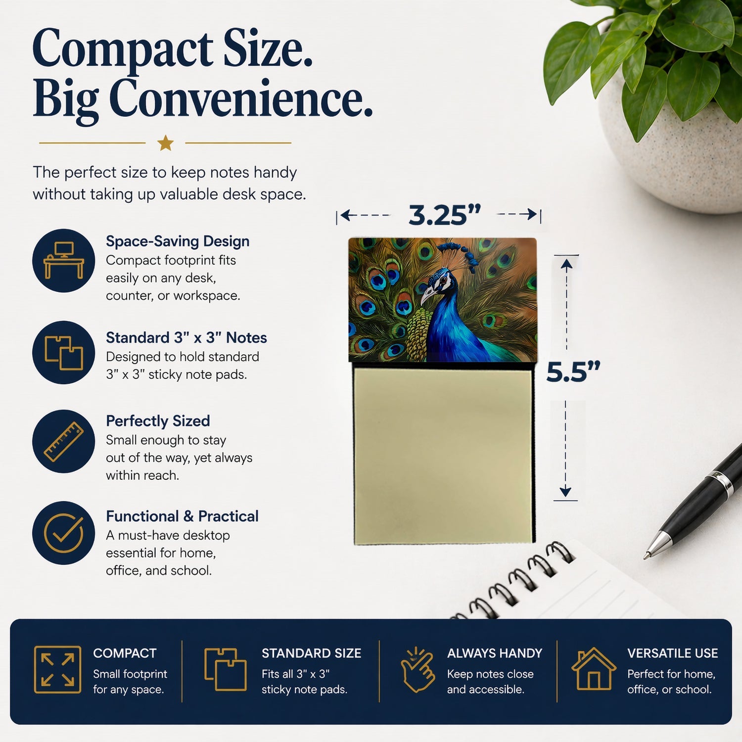 Peacock Face and Feather Detail Watercolor Sticky Note Holder Refillable Dispenser Desk Accessory 3x3 Pad Gift