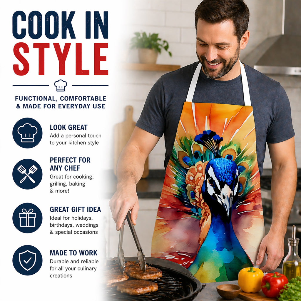 Peacock Front View Dramatic Color Apron Cooking Kitchen Server Baking Crafts Gardening for Adult Women Men, Unisex, Large, Multicolor