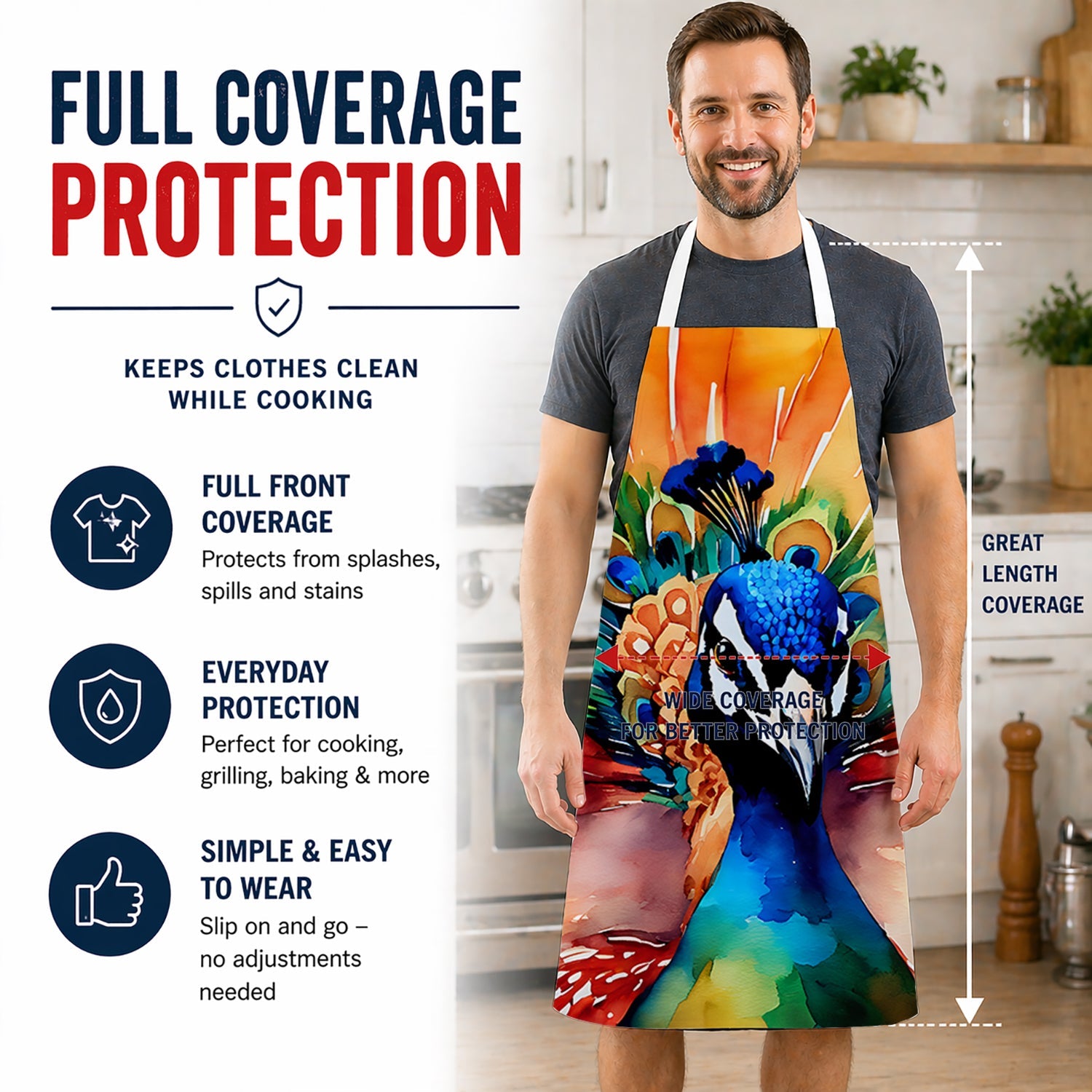 Peacock Front View Dramatic Color Apron Cooking Kitchen Server Baking Crafts Gardening for Adult Women Men, Unisex, Large, Multicolor