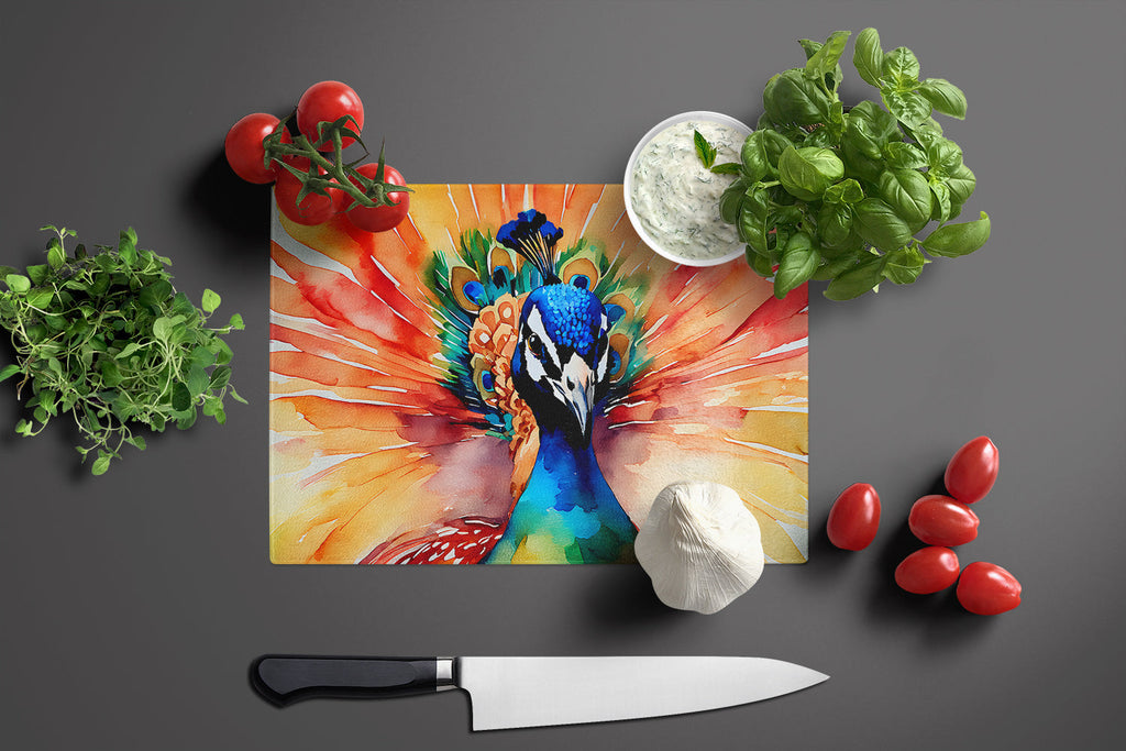 Peacock Front View Dramatic Color Cutting Board Tempered Glass Kitchen Cutting Surface, Heat Resistant Chopping, Non-Slip Feet, Food Prep & Serving