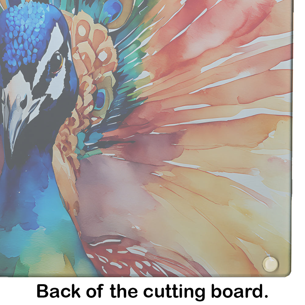 Peacock Front View Dramatic Color Cutting Board Tempered Glass Kitchen Cutting Surface, Heat Resistant Chopping, Non-Slip Feet, Food Prep & Serving
