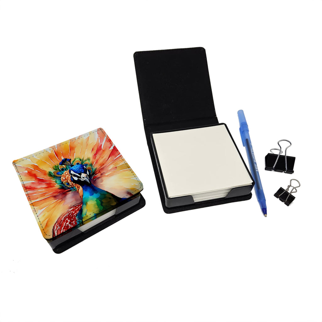 Peacock Front View Dramatic Color PU Leather Note Paper Holder with Artist-Designed Cover, Desk Accessory, Office Gift