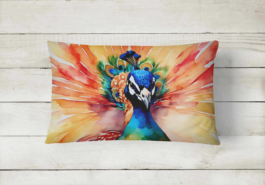 Peacock Front View Dramatic Color Decorative Throw Pillow 12x16 Indoor Outdoor Accent Cushion, Fabric Cover with Insert for Sofa, Bed, Porch & Living Room