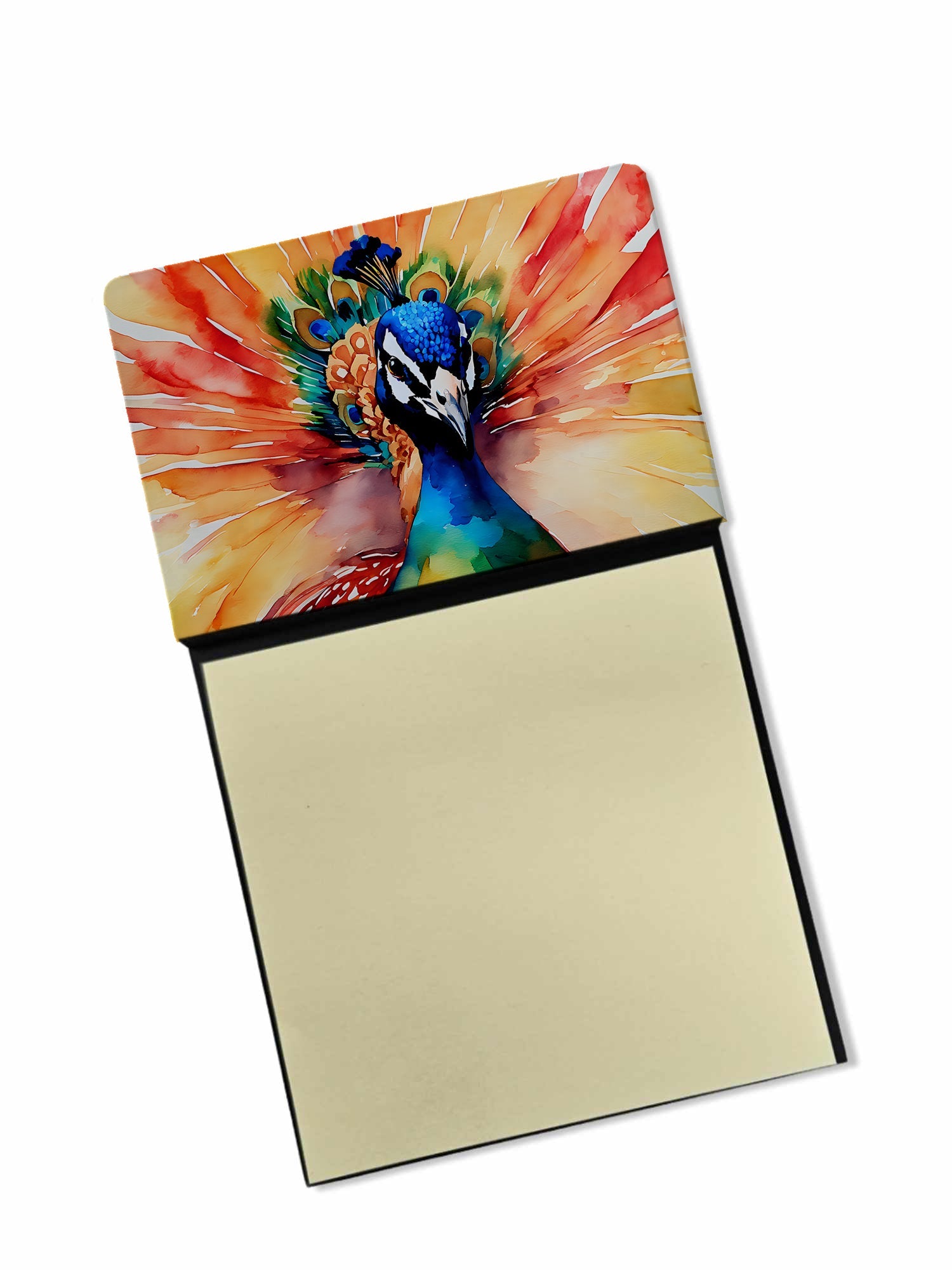 Peacock Front View Dramatic Color Watercolor Sticky Note Holder Refillable Dispenser Desk Accessory 3x3 Pad Gift