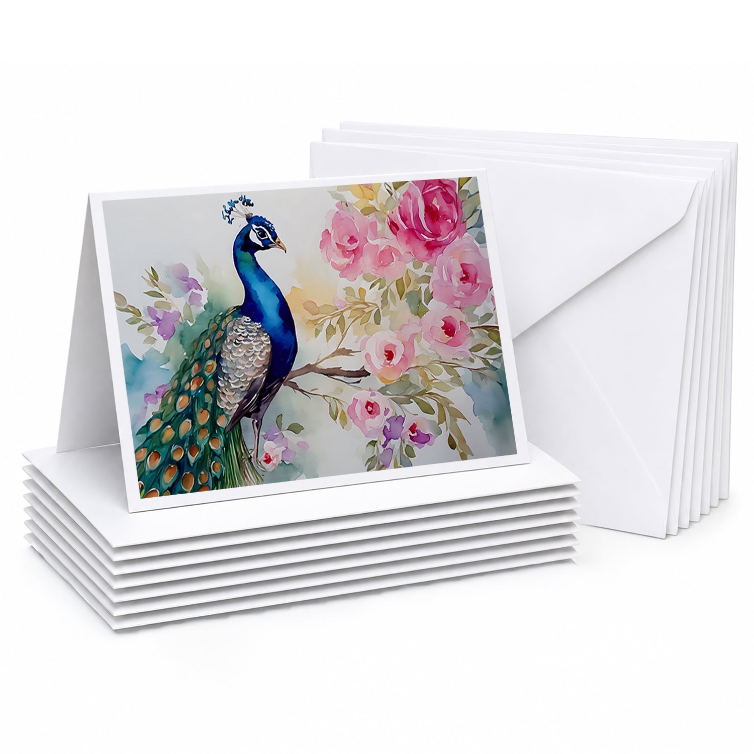 Peacock with Floral Background Greeting Cards Pack of 8 Blank Cards with Envelopes Whimsical A7 Size 5x7