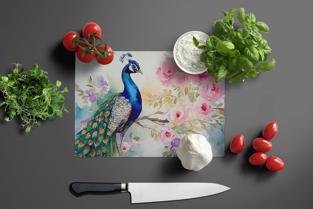 Peacock with Floral Background Cutting Board Tempered Glass Kitchen Cutting Surface, Heat Resistant Chopping, Non-Slip Feet, Food Prep & Serving