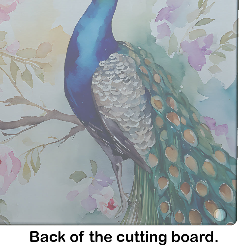 Peacock with Floral Background Cutting Board Tempered Glass Kitchen Cutting Surface, Heat Resistant Chopping, Non-Slip Feet, Food Prep & Serving