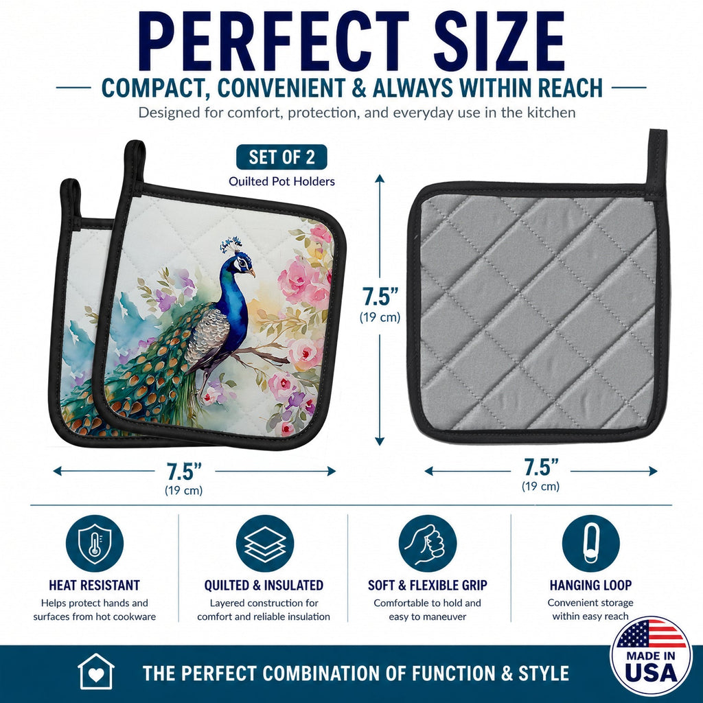 Peacock with Floral Background Pot Holder Set of 2 Heat Resistant Quilted Hot Pads 7.5 x 7.5 Inch, Insulated Kitchen Trivets for Cooking & Baking