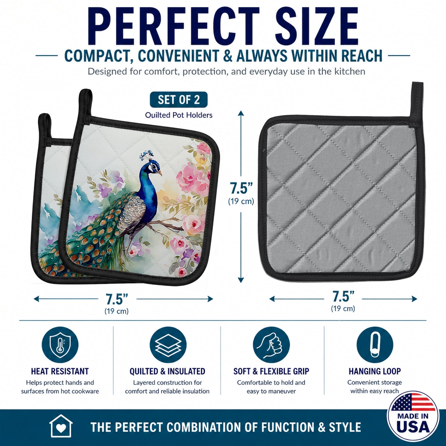 Peacock with Floral Background Pot Holder Set of 2 Heat Resistant Quilted Hot Pads 7.5 x 7.5 Inch, Insulated Kitchen Trivets for Cooking & Baking