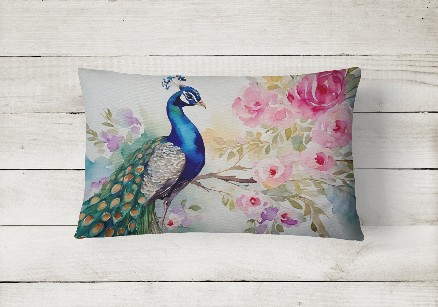 Peacock with Floral Background Decorative Throw Pillow 12x16 Indoor Outdoor Accent Cushion, Fabric Cover with Insert for Sofa, Bed, Porch & Living Room