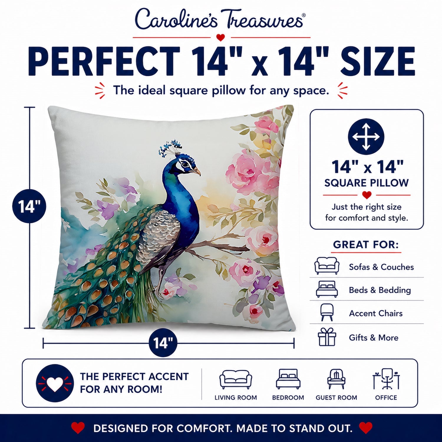 Peacock with Floral Background Decorative Throw Pillow 14x14 Indoor Outdoor Accent Cushion, Fabric Cover with Insert for Sofa, Bed, Porch & Living Room