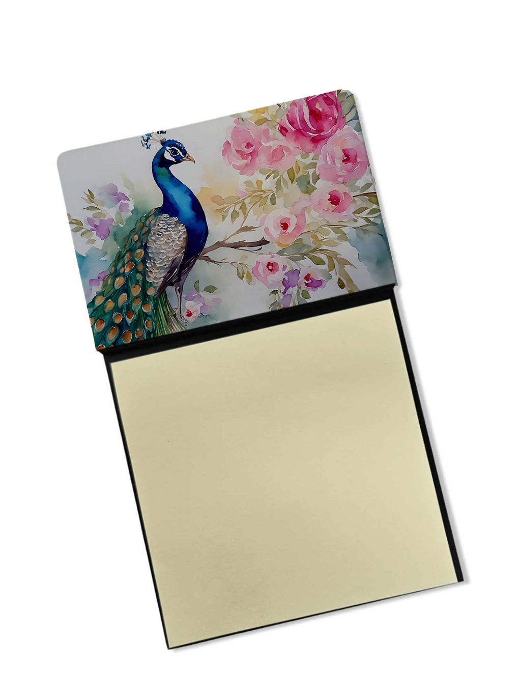 Peacock with Floral Background Watercolor Sticky Note Holder Refillable Dispenser Desk Accessory 3x3 Pad Gift
