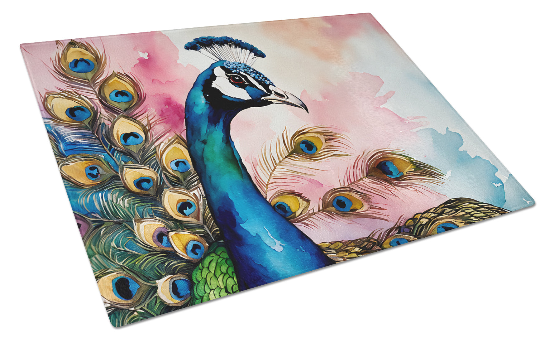 Peacock with Decorative Feathers Cutting Board Tempered Glass Kitchen Cutting Surface, Heat Resistant Chopping, Non-Slip Feet, Food Prep & Serving