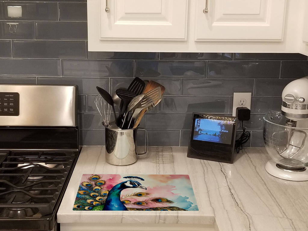 Peacock with Decorative Feathers Cutting Board Tempered Glass Kitchen Cutting Surface, Heat Resistant Chopping, Non-Slip Feet, Food Prep & Serving