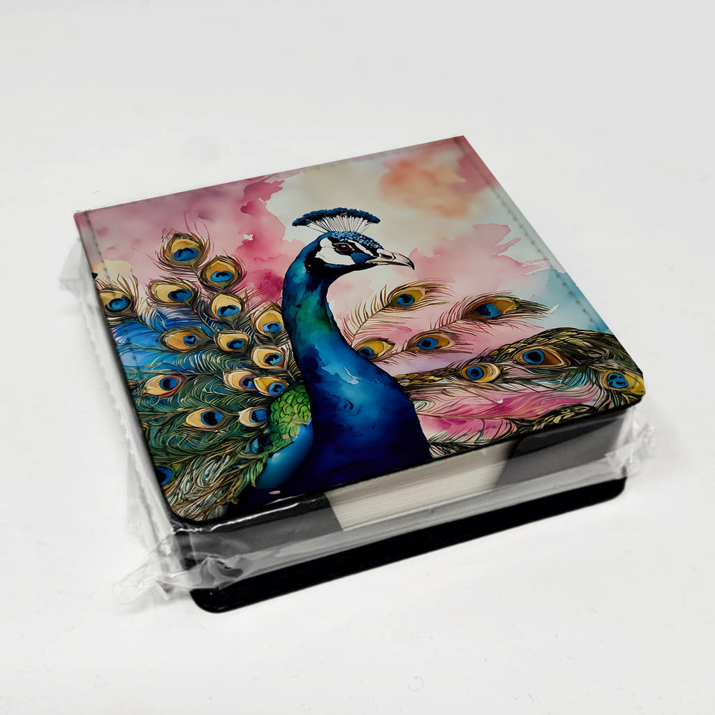 Peacock with Decorative Feathers PU Leather Note Paper Holder with Artist-Designed Cover, Desk Accessory, Office Gift