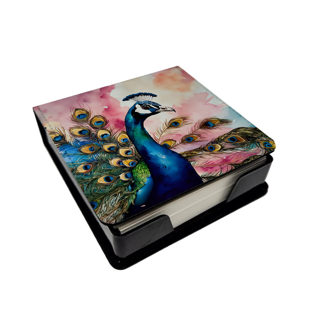 Peacock with Decorative Feathers PU Leather Note Paper Holder with Artist-Designed Cover, Desk Accessory, Office Gift
