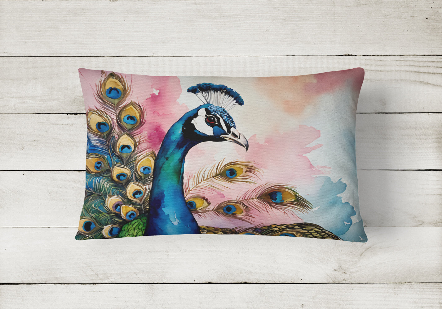 Peacock with Decorative Feathers Decorative Throw Pillow 12x16 Indoor Outdoor Accent Cushion, Fabric Cover with Insert for Sofa, Bed, Porch & Living Room