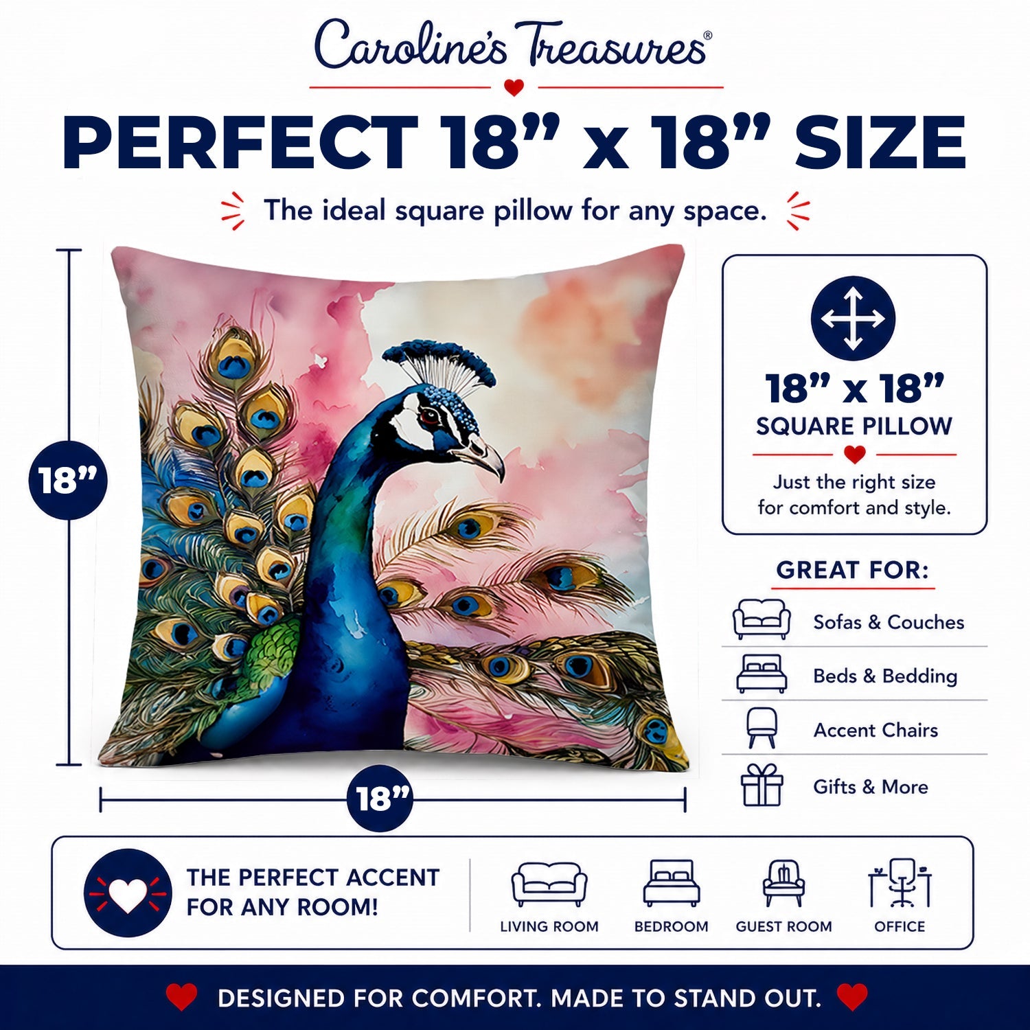 Peacock with Decorative Feathers Decorative Throw Pillow 18x18 Indoor Outdoor Accent Cushion, Fabric Cover with Insert for Sofa, Bed, Porch & Living Room