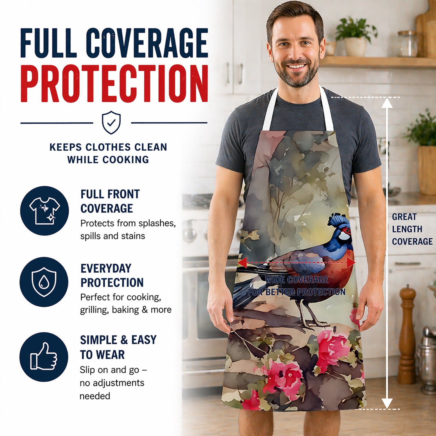 Pheasant Bird in Garden Floral Apron Cooking Kitchen Server Baking Crafts Gardening for Adult Women Men, Unisex, Large, Multicolor
