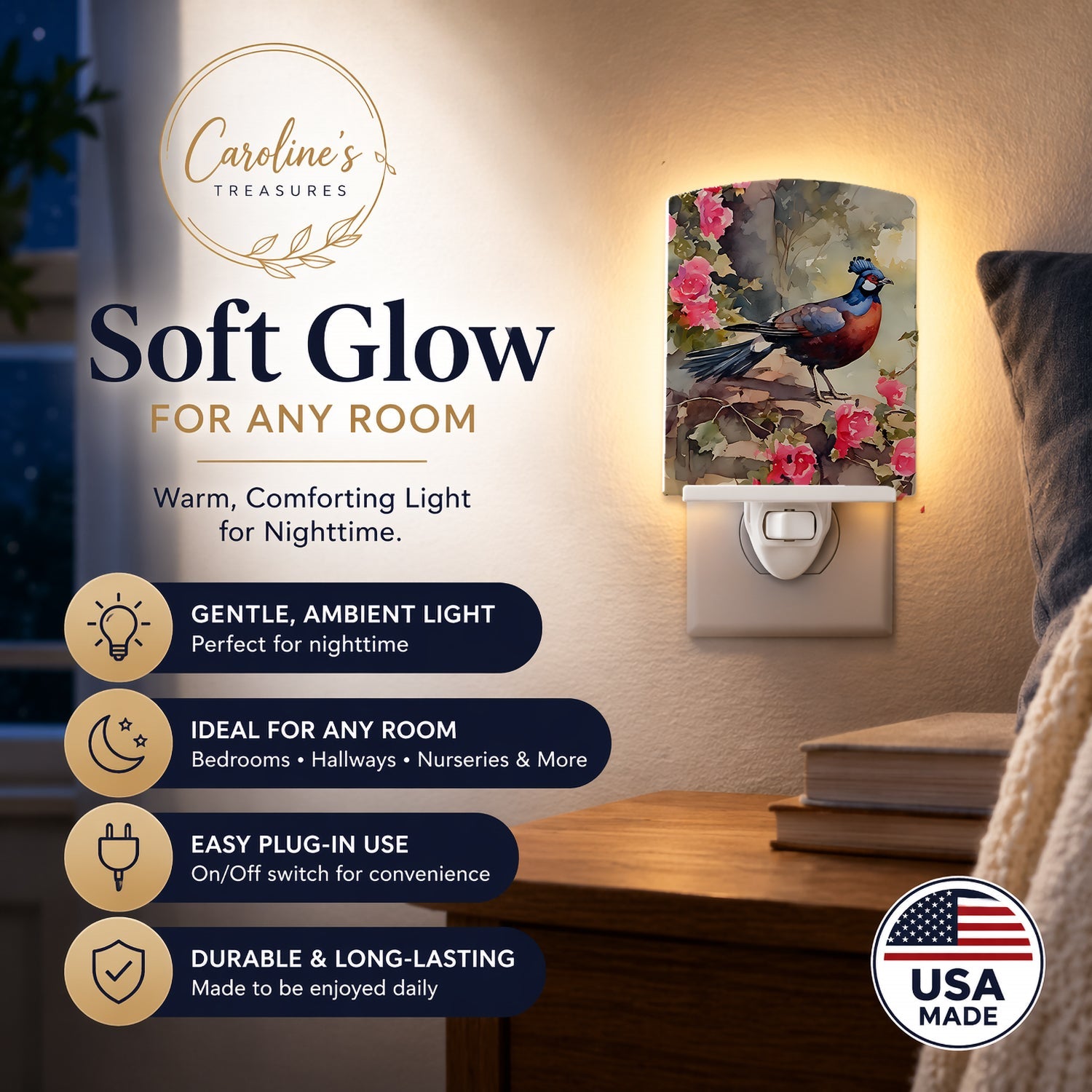 Pheasant Bird in Garden Floral Ceramic Night Light Compact, UL-Certified, Ideal for Bedroom, Bathroom, Nursery, Hallway, Kitchen, 6x4x3, Multicolor