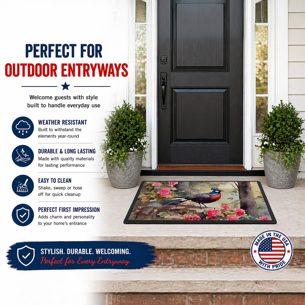 Pheasant Bird in Garden Floral Doormat Indoor Outdoor 18H X 27W Front Door Mat Rugs for Entryway, Non Slip Washable
