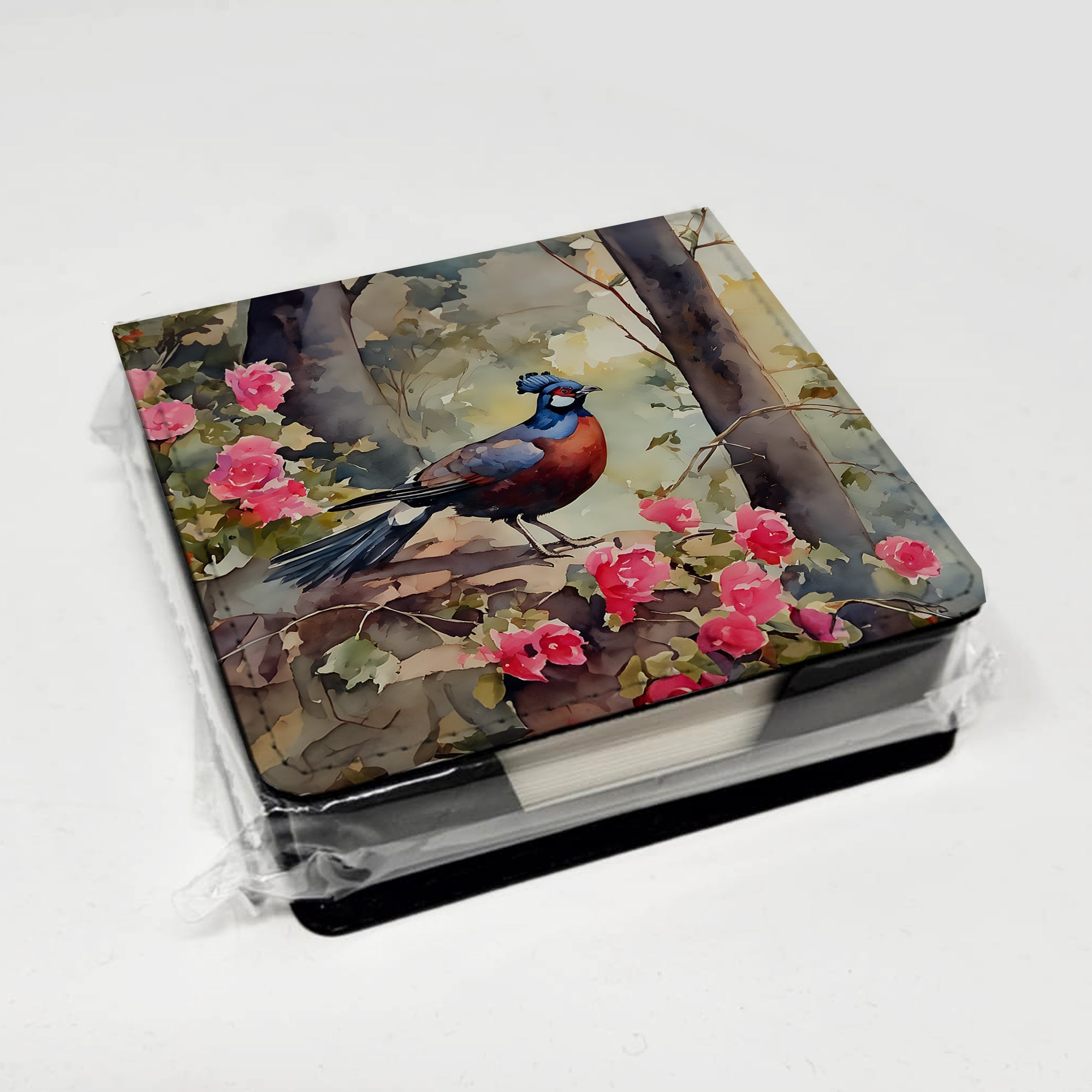 Pheasant Bird in Garden Floral PU Leather Note Paper Holder with Artist-Designed Cover, Desk Accessory, Office Gift
