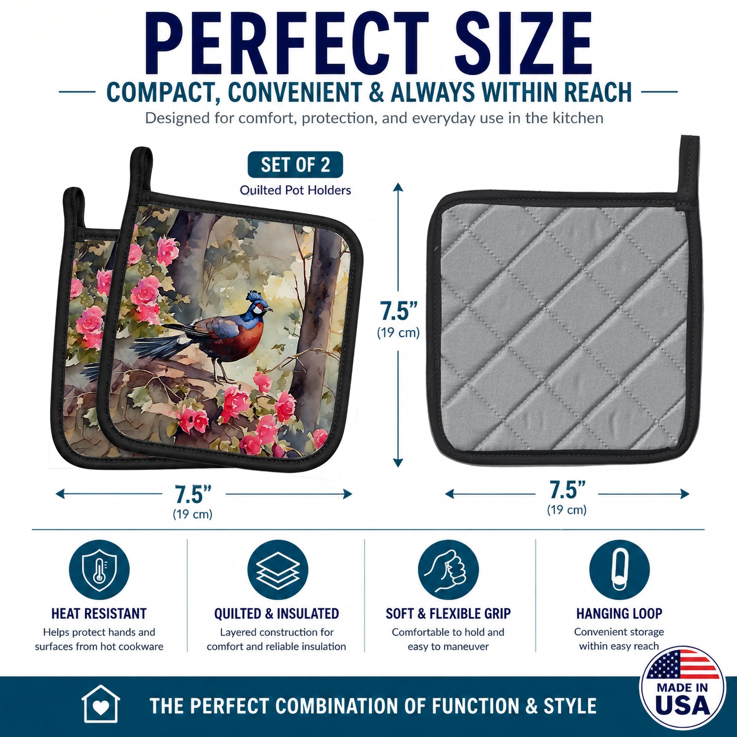 Pheasant Bird in Garden Floral Pot Holder Set of 2 Heat Resistant Quilted Hot Pads 7.5 x 7.5 Inch, Insulated Kitchen Trivets for Cooking & Baking