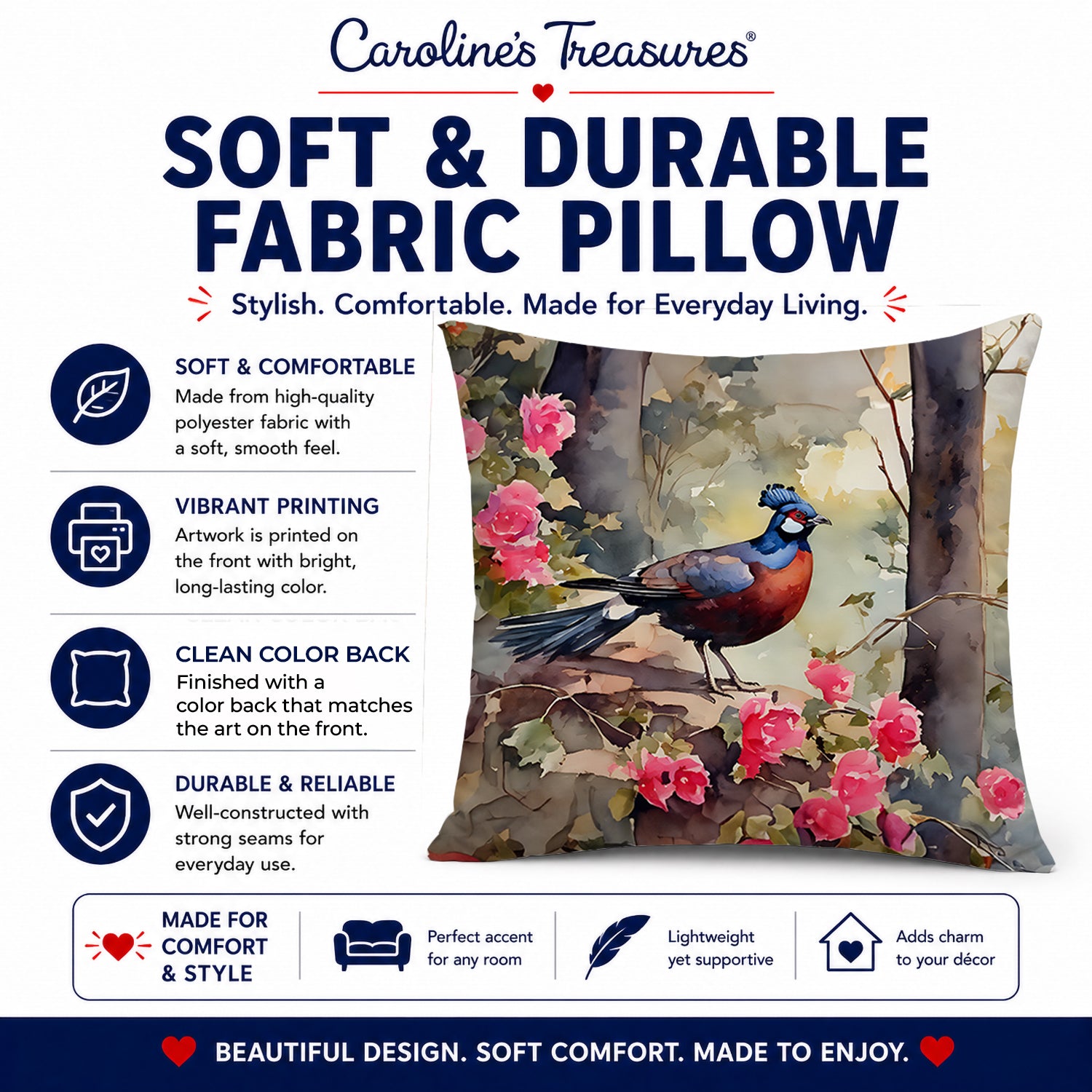 Pheasant Bird in Garden Floral Decorative Throw Pillow 14x14 Indoor Outdoor Accent Cushion, Fabric Cover with Insert for Sofa, Bed, Porch & Living Room