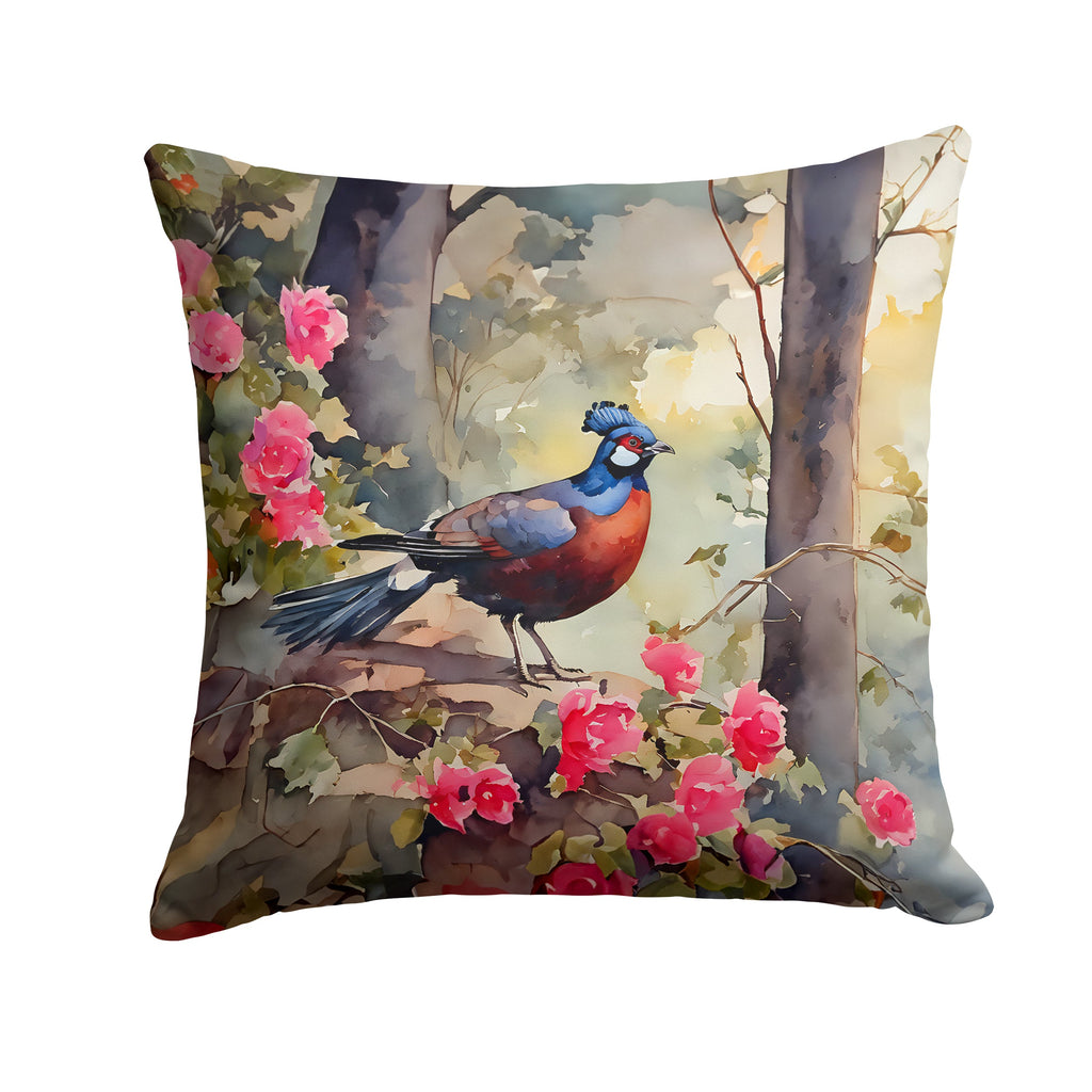 Pheasant Bird in Garden Floral Decorative Throw Pillow 14x14 Indoor Outdoor Accent Cushion, Fabric Cover with Insert for Sofa, Bed, Porch & Living Room