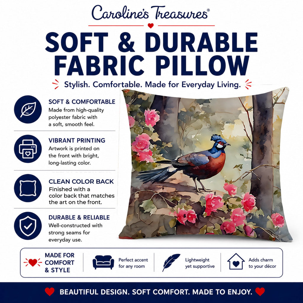 Pheasant Bird in Garden Floral Decorative Throw Pillow 18x18 Indoor Outdoor Accent Cushion, Fabric Cover with Insert for Sofa, Bed, Porch & Living Room