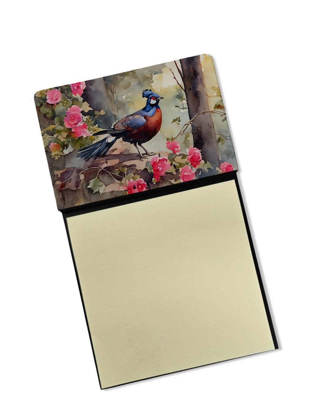 Pheasant Bird in Garden Floral Watercolor Sticky Note Holder Refillable Dispenser Desk Accessory 3x3 Pad Gift