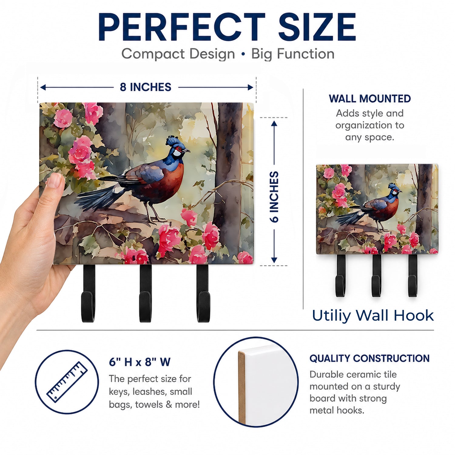 Pheasant Bird in Garden Floral Leash or Key Holder Wall Hooks, Coat Rack Wall Mount, for Hanging Keys, Towels, Aprons, Leashes