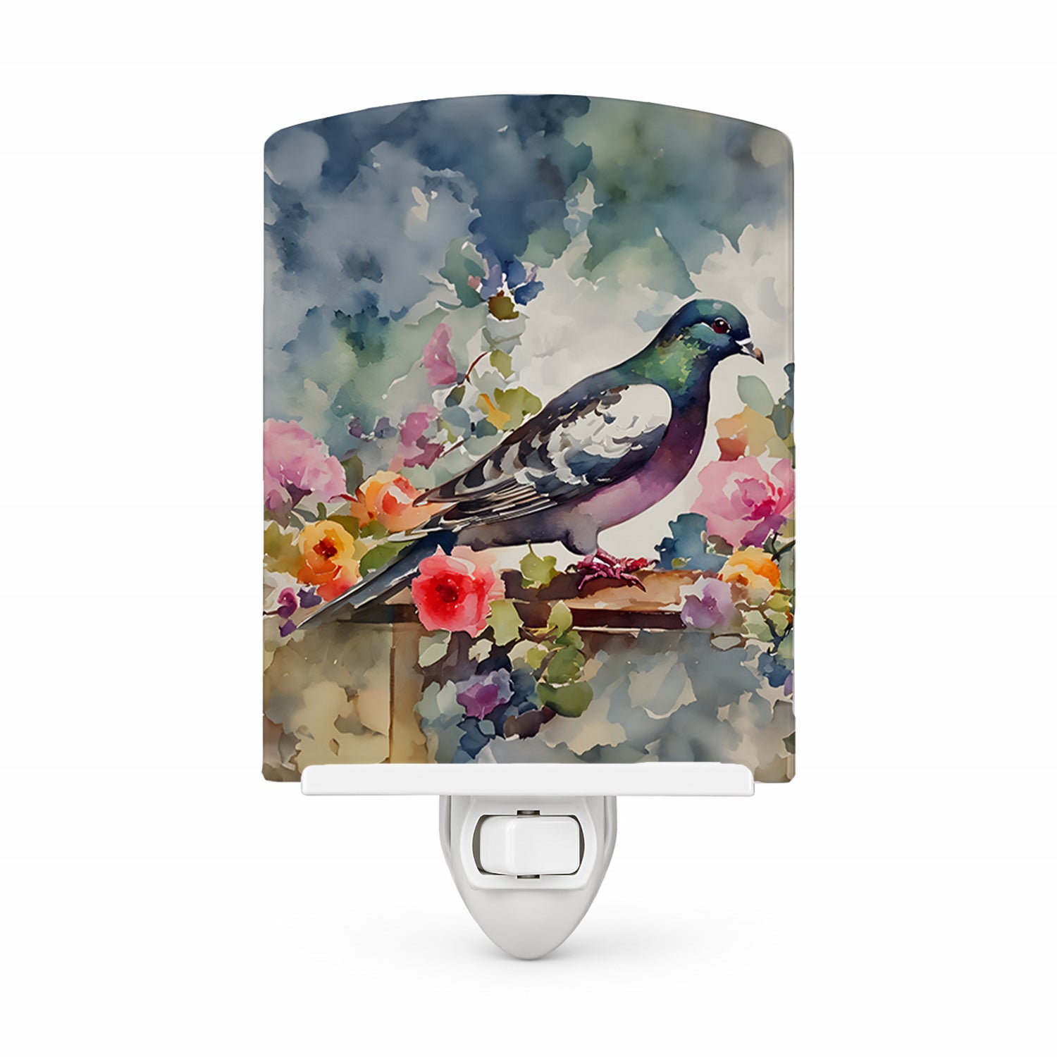 Pigeon Bird with Floral Accents Ceramic Night Light Compact, UL-Certified, Ideal for Bedroom, Bathroom, Nursery, Hallway, Kitchen, 6x4x3, Multicolor
