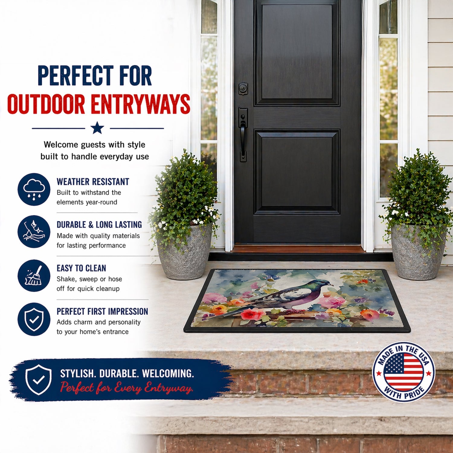Pigeon Bird with Floral Accents Doormat Indoor Outdoor 18H X 27W Front Door Mat Rugs for Entryway, Non Slip Washable