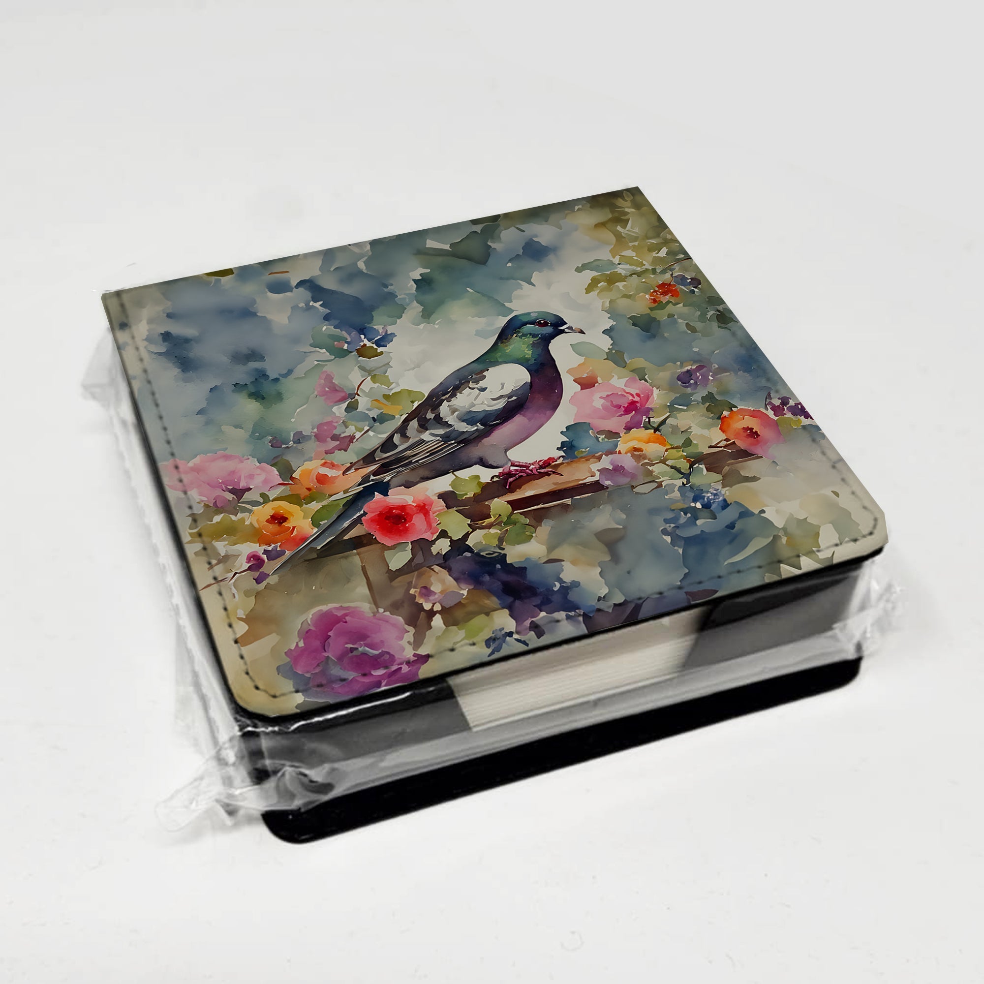 Pigeon Bird with Floral Accents PU Leather Note Paper Holder with Artist-Designed Cover, Desk Accessory, Office Gift
