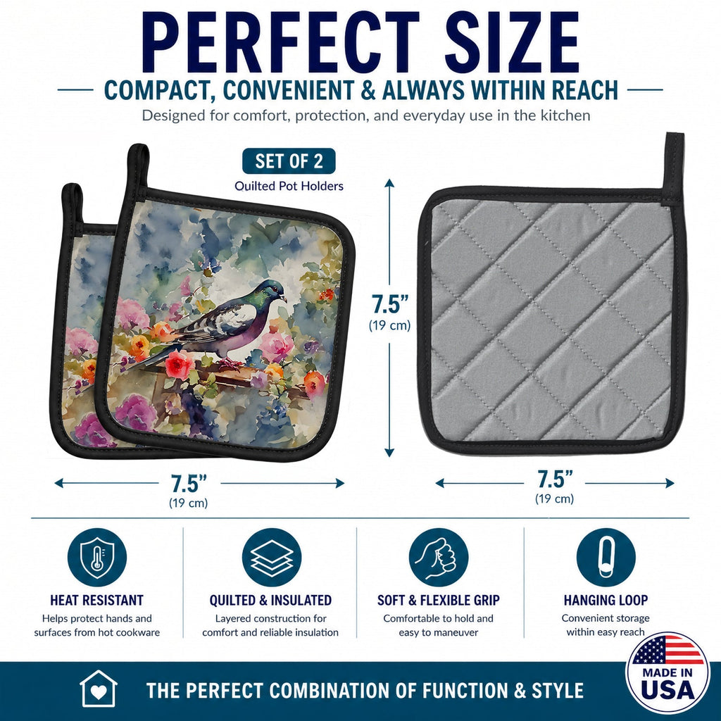 Pigeon Bird with Floral Accents Pot Holder Set of 2 Heat Resistant Quilted Hot Pads 7.5 x 7.5 Inch, Insulated Kitchen Trivets for Cooking & Baking