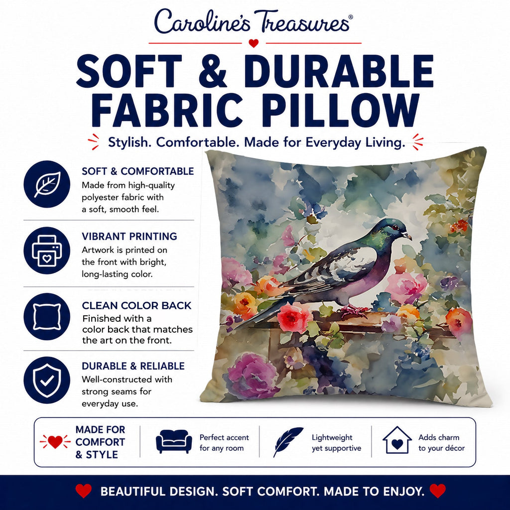 Pigeon Bird with Floral Accents Decorative Throw Pillow 14x14 Indoor Outdoor Accent Cushion, Fabric Cover with Insert for Sofa, Bed, Porch & Living Room