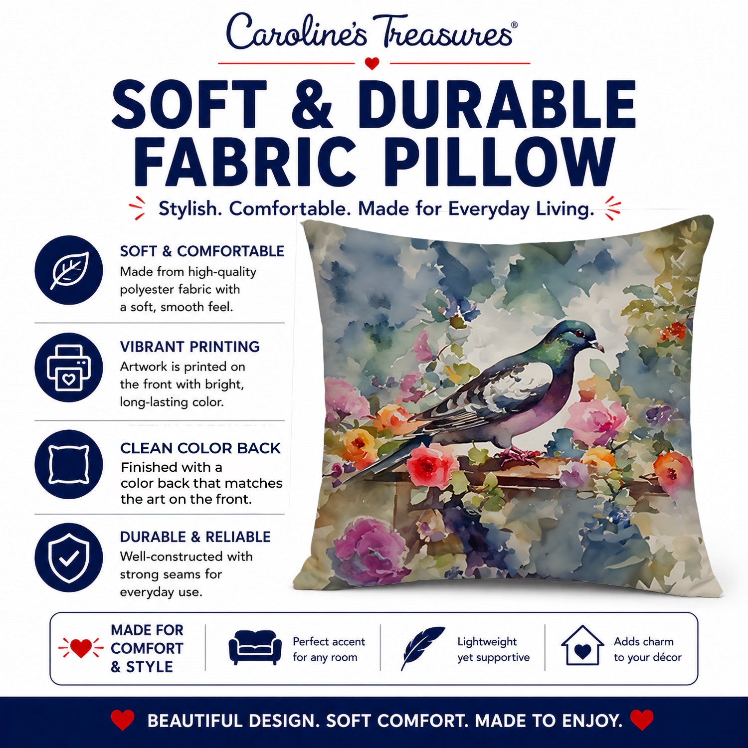 Pigeon Bird with Floral Accents Decorative Throw Pillow 18x18 Indoor Outdoor Accent Cushion, Fabric Cover with Insert for Sofa, Bed, Porch & Living Room