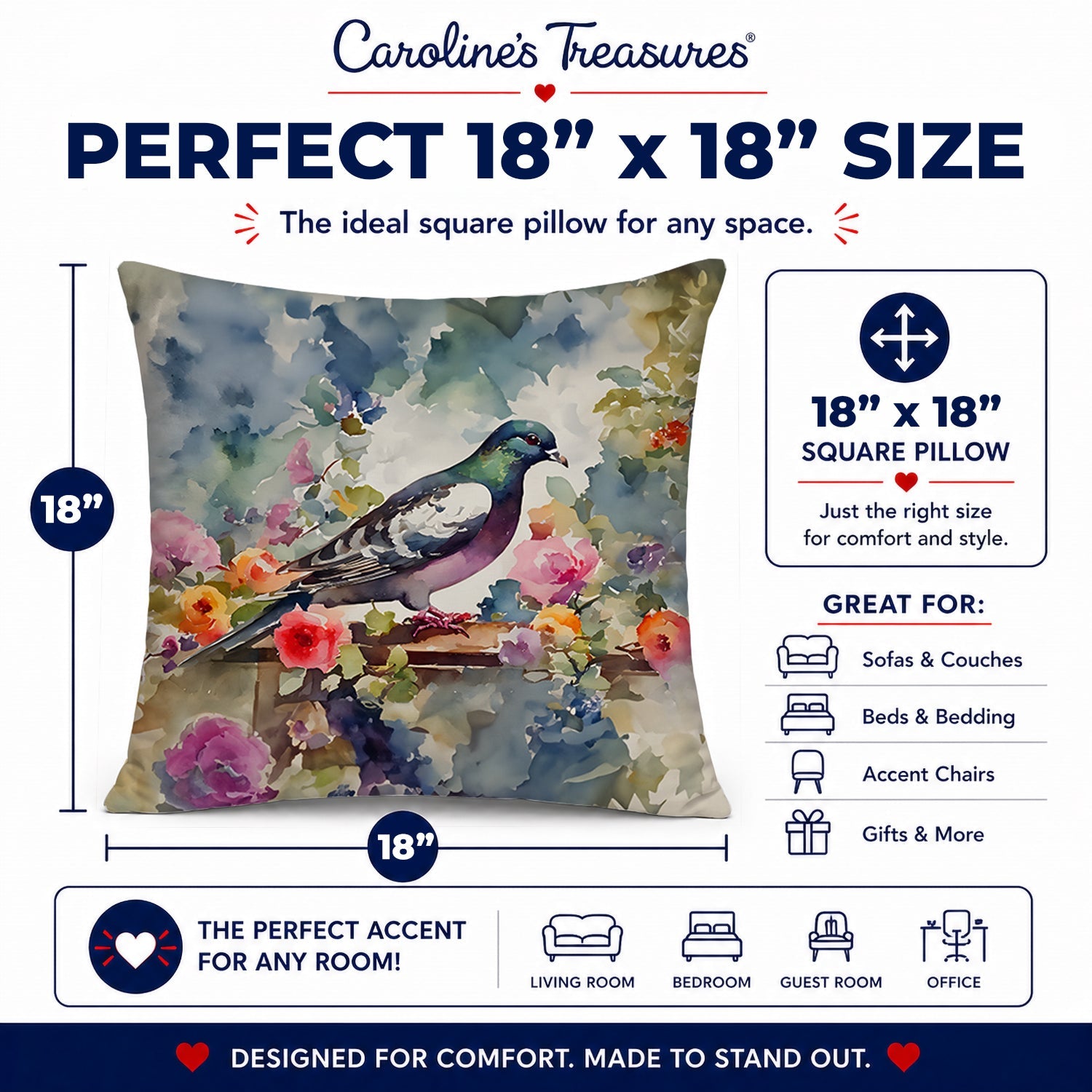 Pigeon Bird with Floral Accents Decorative Throw Pillow 18x18 Indoor Outdoor Accent Cushion, Fabric Cover with Insert for Sofa, Bed, Porch & Living Room