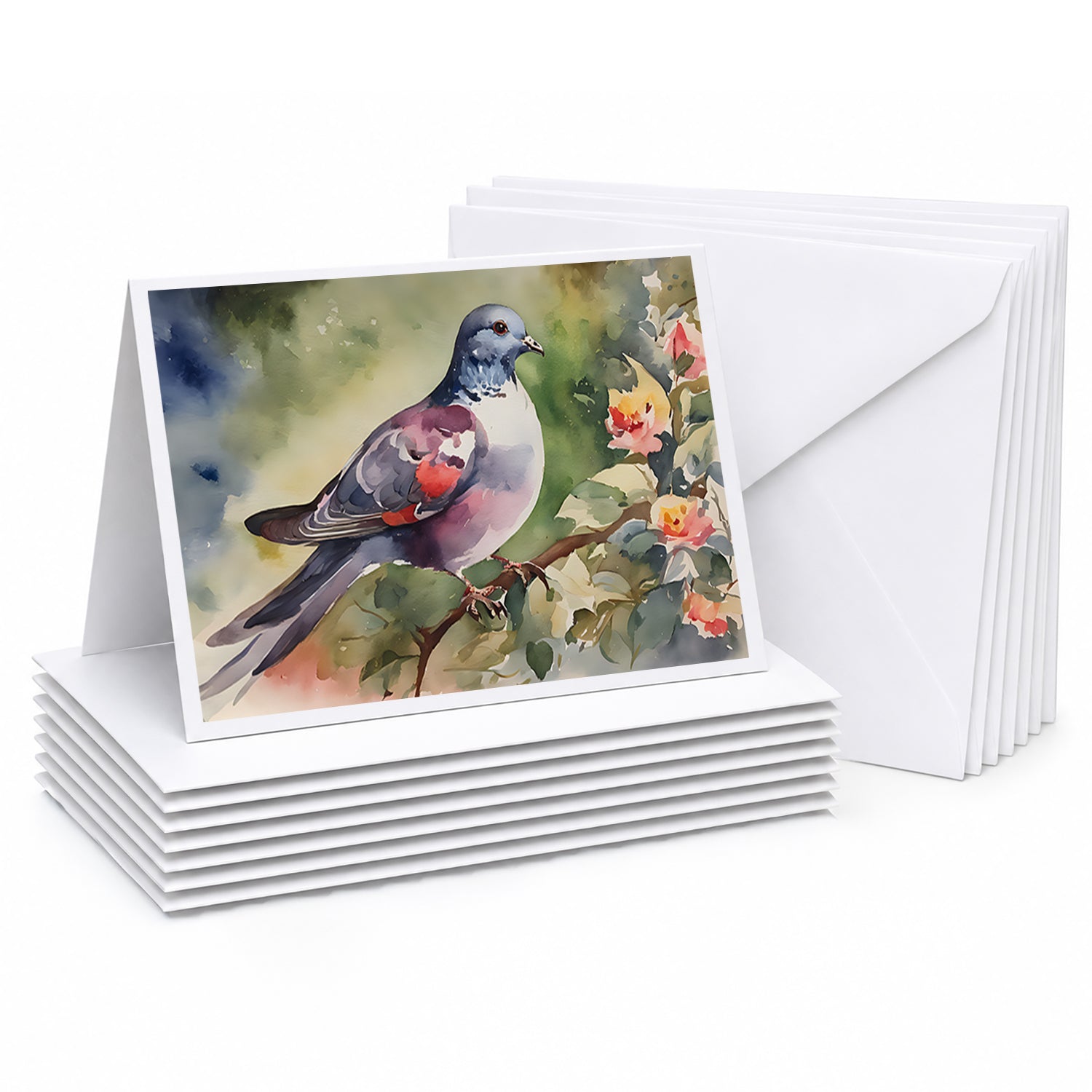 Pigeon Perched with Flowers Greeting Cards Pack of 8 Blank Cards with Envelopes Whimsical A7 Size 5x7