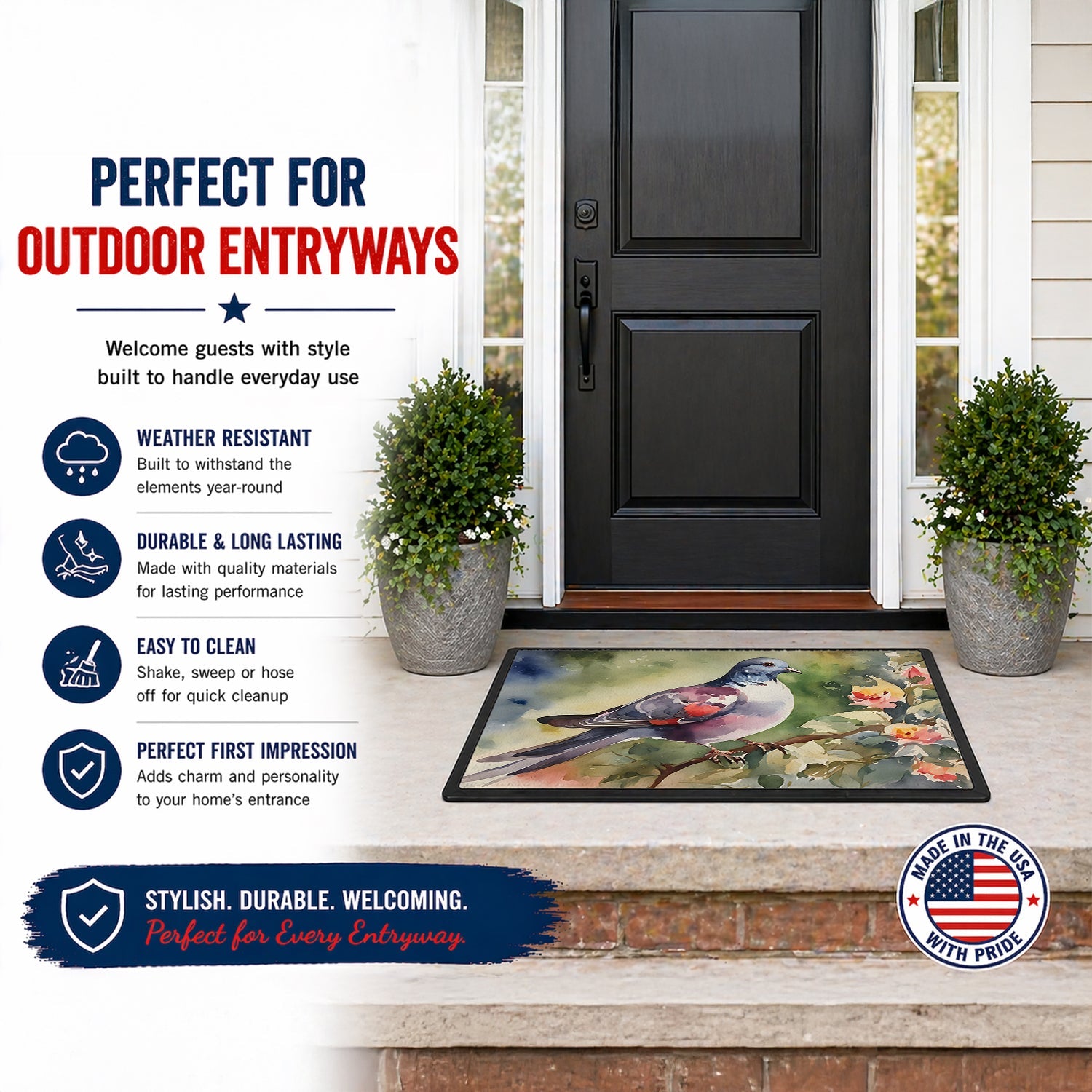Pigeon Perched with Flowers Doormat Indoor Outdoor 24H X 36W Front Door Mat Rugs for Entryway, Non Slip Washable Low Pile,
