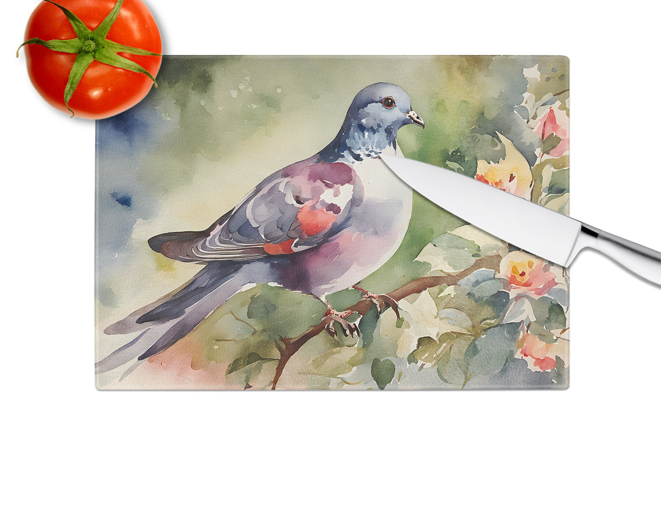 Pigeon Perched with Flowers Cutting Board Tempered Glass Kitchen Cutting Surface, Heat Resistant Chopping, Non-Slip Feet, Food Prep & Serving