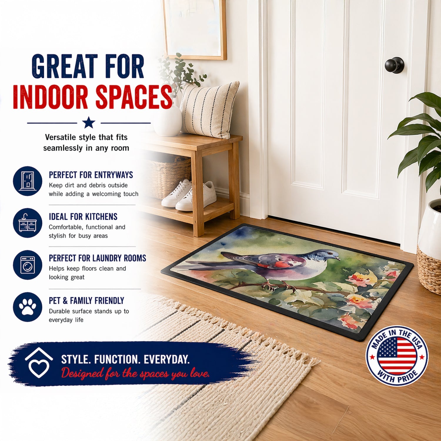 Pigeon Perched with Flowers Doormat Indoor Outdoor 18H X 27W Front Door Mat Rugs for Entryway, Non Slip Washable