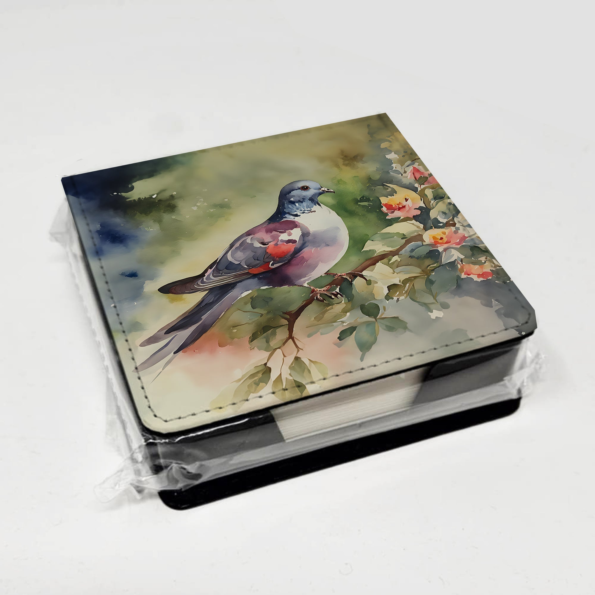 Pigeon Perched with Flowers PU Leather Note Paper Holder with Artist-Designed Cover, Desk Accessory, Office Gift