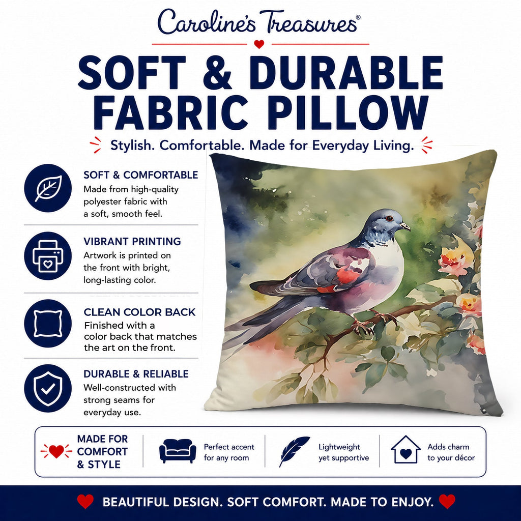 Pigeon Perched with Flowers Decorative Throw Pillow 14x14 Indoor Outdoor Accent Cushion, Fabric Cover with Insert for Sofa, Bed, Porch & Living Room