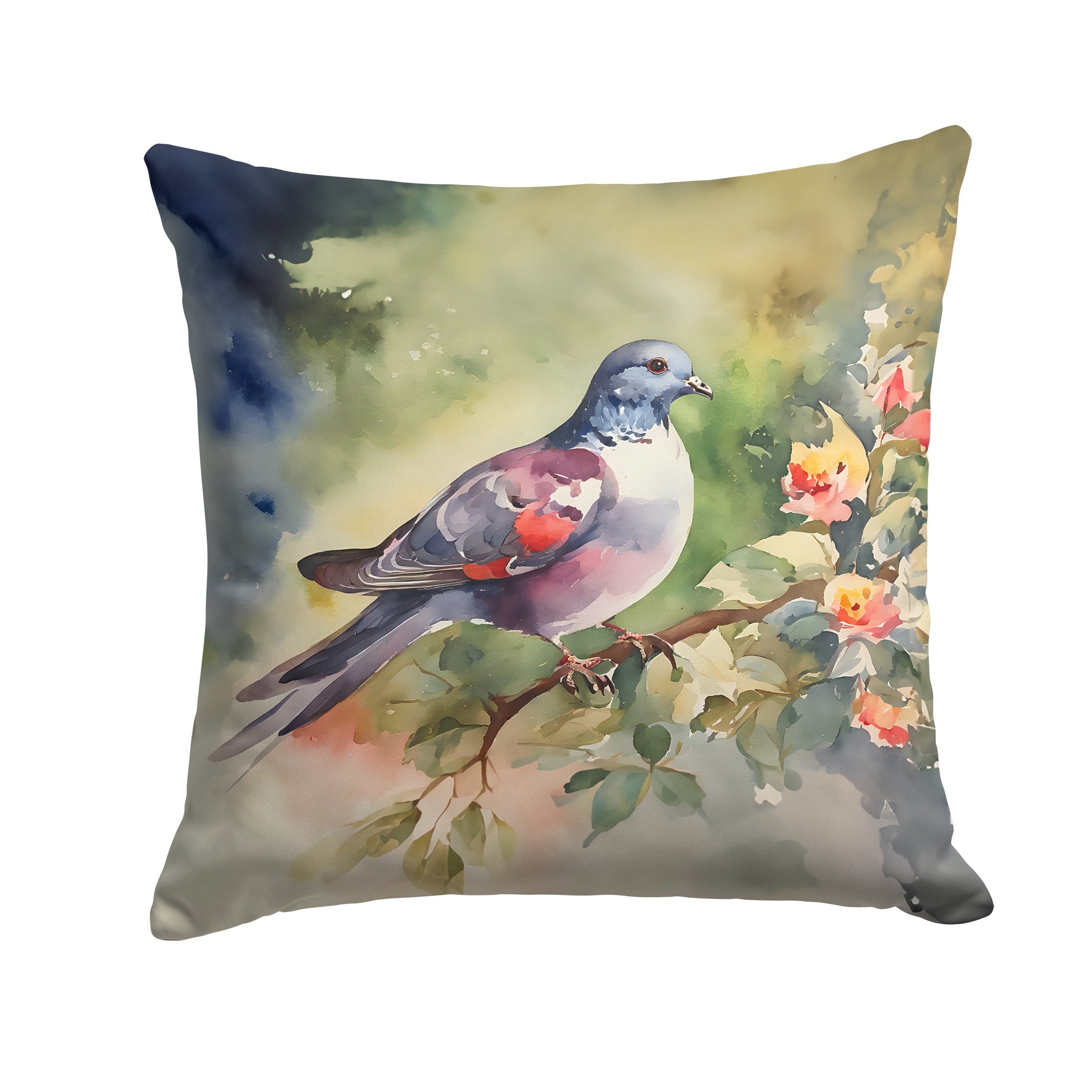 Pigeon Perched with Flowers Decorative Throw Pillow 14x14 Indoor Outdoor Accent Cushion, Fabric Cover with Insert for Sofa, Bed, Porch & Living Room