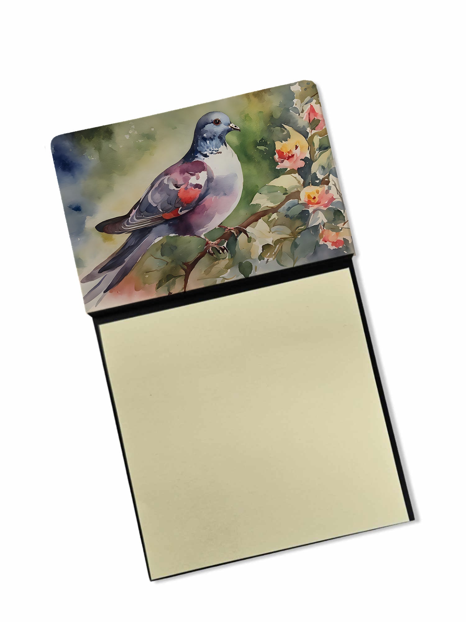 Pigeon Perched with Flowers Watercolor Sticky Note Holder Refillable Dispenser Desk Accessory 3x3 Pad Gift