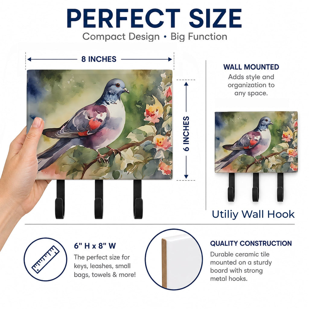 Pigeon Perched with Flowers Leash or Key Holder Wall Hooks, Coat Rack Wall Mount, for Hanging Keys, Towels, Aprons, Leashes